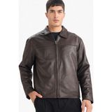 Regular Fit Polo Yaka İç Cepli Suni Deri Mont