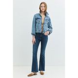 Regular Fit Yaka Leopar Desenli Orta Indigo Kadın Jean Ceket - Mavi