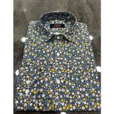 Regularfit Poplin Desenli Dijital Baskı Erkek Gömlek %100 Pamuk - 2XL - Koyu Yeşil - Sarı