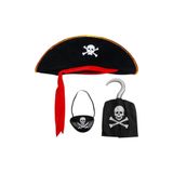 ReilaParty Kaptan Jack Sparrow Şapka - Kanca - Göz Maskesi 3lü Korsan Kostüm Aksesuar Seti