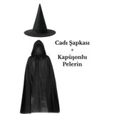 ReilaParty Siyah Keçe Cadı Şapkası ve Kapüşonlu Pelerin 2'li Set - Cadılar Bayramı & Halloween Kostüm Aksesuarı