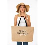 REKHOME Peace And Love Baskılı Hasır Renkli Naturel Jüt Alışveriş, Piknik, Omuz, Deniz Plaj Çantası 56x40x8