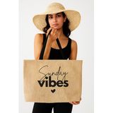 REKHOME Sunday Vibes Baskılı Hasır Renkli Naturel Jüt Alışveriş, Piknik, Omuz, Deniz Plaj Çantası 56x40x8