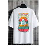 Relax family xf Erkek Oversize Beyaz Renkli T-shirt I Love Music Baskılı