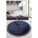 Relax Lacivert Yuvarlak 100X100 Cm Ponpon Sacakli Kaymaz Tabanli Makinede Yikanabilir Banyo Paspasi