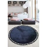 Relax Lacivert Yuvarlak 120X120 Cm Ponpon Sacakli Kaymaz Tabanli Makinede Yikanabilir Banyo Paspasi