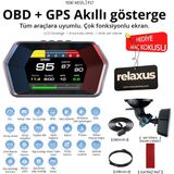 Relaxus OBD + OBD 2 + Gps Çift Modlu Araç Hud LCD Ekranlı Akıllı Gösterge ve Arıza Tespit Cihazı Oto Kokusu Hediye - Siyah