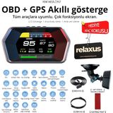 Relaxus OBD + OBD 2 + Gps Çift Modlu Araç Hud LCD Ekranlı Akıllı Gösterge ve Arıza Tespit Cihazı Oto Kokusu Hediye - Siyah
