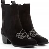 Rella Siyah Hakiki Deri Süet Kovboy Western Kadın Bot - Nakış Detaylı Kalın Topuklu Günlük Şık Bot - Siyah Süet