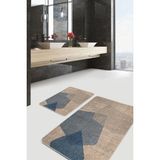 Rem Home Remhome 2'li Bej Zeminde Hasır Motifli Dokuma Desenli Sade & Şık Vintage 2'li Banyo & Mutfak Paspas Takımı Takım Banyo Paspası - Mavi - Lacivert - 2'li Set