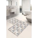Rem Home Remhome 2'li Ekru - Gri Zeminde Floral Motifli Çiçek Desenli Floral Klasik 2'li Banyo & Mutfak Paspas Takımı Takım Banyo Paspası - Beyaz - Krem - Bej - 2'li Set