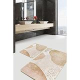 Rem Home Remhome 2'li Gold - Ekru Zeminde Kanvas Motifli Altın Desenli Bohem Modern 2'li Banyo & Mutfak Paspas Takımı Takım Banyo Paspası - Beyaz - Krem - Bej - 2'li Set