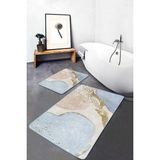 Rem Home Remhome 2'li Gold - Mavi Zeminde Altın Motifli Tablo Desenli Bohem Klasik 2'li Banyo & Mutfak Paspas Takımı Takım Banyo Paspası - Mavi - Lacivert - 2'li Set