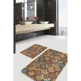 Rem Home Remhome 2'li Hardal Zeminde Etnik Motifli Kilim Desenli Vintage Geometrik 2'li Banyo & Mutfak Paspas Takımı Takım Banyo Paspası - Altın - Hardal - Sarı - 2'li Set