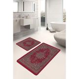 Rem Home Remhome 2'li Kırmızı Zeminde Antik Motifli Pers Desenli Avangarde Klasik 2'li Banyo & Mutfak Paspas Takımı Takım Banyo Paspası - Kırmızı - Bordo - 2'li Set