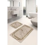Rem Home Remhome 2'li Krem Zeminde Çerçeve Motifli Mermer Desenli Klasik Avangarde 2'li Banyo & Mutfak Paspas Takımı Takım Banyo Paspası - Beyaz - Krem - Bej - 2'li Set
