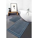 Rem Home Remhome 2'li Mavi Zeminde Çerçeveli Motifli Örgü Desenli Klasik Geometrik 2'li Banyo & Mutfak Paspas Takımı Takım Banyo Paspası - Mavi - Lacivert - 2'li Set