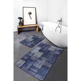 Rem Home Remhome 2'li Mavi Zeminde Patchwork Motifli Retro Desenli Klasik Vintage 2'li Banyo & Mutfak Paspas Takımı Takım Banyo Paspası - Mavi - Lacivert - 2'li Set