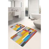 Rem Home Remhome 2'li Renkli Zeminde Soyut Motifli Sulu Boya Desenli Klasik Modern 2'li Banyo & Mutfak Paspas Takımı Takım Banyo Paspası - Çok Renkli - 2'li Set