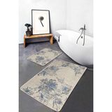 Rem Home Remhome 2'li Set Açık Gri Zeminde Soyut Lacivert Motifli Çiçek Floral Sade & Şık 2'li Banyo Paspas Takımı Takım Banyo Paspası - Beyaz - Krem - Bej
