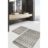 Rem Home Remhome 2'li Set Bej - Siyah Zeminde Boho Motifli Etnik Etnik Motifler Geometrik 2'li Banyo Paspas Takımı Takım Banyo Paspası - Beyaz - Krem - Bej