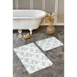 Rem Home Remhome 2'li Set Beyaz - Mavi Zeminde Sulu Boya Motifli Çiçek Desenli 2'li Banyo & Mutfak Paspas Takımı Takım Banyo Paspası - Beyaz - Krem - Bej