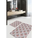 Rem Home Remhome 2'li Set Beyaz Zeminde Art Deco Motifli Patchwork Geometrik Sade & Şık 2'li Banyo Paspas Takımı Takım Banyo Paspası - Kahverengi