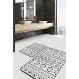 Rem Home Remhome 2'li Set Beyaz Zeminde Bohem Motifli Tribal Desenli Etnik Motifler Klasik 2'li Banyo Paspas Takımı Takım Banyo Paspası - Siyah