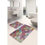 Rem Home Remhome 2'li Set Çok Renkli Zeminde El Dokuma Motifli Üçgen Geometrik Sade & Şık 2'li Banyo Paspas Takımı Takım Banyo Paspası - Kırmızı - Bordo