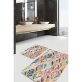 Rem Home Remhome 2'li Set Çok Renkli Zeminde Patchwork Motifli Ikat Sade & Şık Vintage 2'li Banyo Paspas Takımı Takım Banyo Paspası - Kırmızı - Bordo