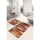 Rem Home Remhome 2li Set Çok Renkli Zeminde Patchwork Motifli Yöresel Desenli Vintage Klasik 2'li Banyo Paspas Takımı Takım Banyo Paspası - Kahverengi - 2'li Set