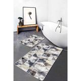 Rem Home Remhome 2'li Set Ekru Zeminde Üçgen Motifli Geometrik Eskitme Motifli Vintage 2'li Banyo Paspas Takımı Takım Banyo Paspası - Kahverengi
