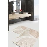 Rem Home Remhome 2'li Set Gold - Ekru Zeminde Tablo Motifli Modern Sanat Bohem Sade & Şık 2'li Banyo Paspas Takımı Takım Banyo Paspası - Beyaz - Krem - Bej