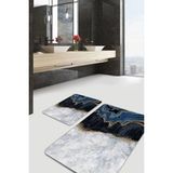 Rem Home Remhome 2'li Set Gold - Gri Zeminde Kanvas Motifli Mermer Desenli Sade & Şık Klasik 2'li Banyo Paspas Takımı Takım Banyo Paspası - Siyah