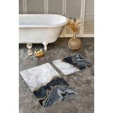 Rem Home Remhome 2'li Set Gold - Gri Zeminde Mermer Motifli Klasik Desenli Sade & Şık Modern 2'li Banyo Paspas Takımı Takım Banyo Paspası - Siyah