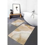 Rem Home Remhome 2'li Set Gold - Krem Zeminde Kanvas Motifli Boyama Desenli Bohem Sade & Şık 2'li Banyo Paspas Takımı Takım Banyo Paspası - Beyaz - Krem - Bej