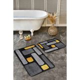 Rem Home Remhome 2'li Set Gold - Siyah Zeminde Kanvas Motifli Gold Desenli Modern Sade & Şık 2'li Banyo Paspas Takımı Takım Banyo Paspası - Altın - Hardal - Sarı