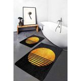 Rem Home Remhome 2'li Set Gold - Siyah Zeminde Kanvas Motifli Güneş Desenli Modern Geometrik 2'li Banyo Paspas Takımı Takım Banyo Paspası