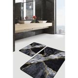 Rem Home Remhome 2'li Set Gold - Siyah Zeminde Mermer Motifli Kanvas Modern Sade & Şık 2'li Banyo Paspas Takımı Takım Banyo Paspası