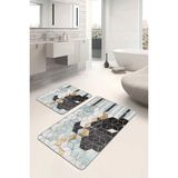 Rem Home Remhome 2'li Set Gold- Siyah Zeminde Mozaik Motifli Geometrik Geometrik Klasik 2'li Banyo Paspas Takımı Takım Banyo Paspası - Mavi - Lacivert
