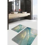 Rem Home Remhome 2'li Set Gold - Turkuaz Zeminde Altın Motifli Mermer Modern Sade & Şık 2'li Banyo Paspas Takımı Takım Banyo Paspası