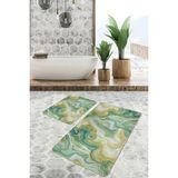 Rem Home Remhome 2'li Set Gold Yeşil Zeminde Altın Motifli Kanvas Desenli Modern Sade & Şık 2'li Banyo Paspas Takımı Takım Banyo Paspası - Yeşil - Haki