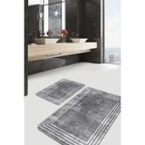 Rem Home Remhome 2'li Set Gri - Beyaz Zeminde Çerçeveli Motifli Antik Sade & Şık Vintage 2'li Banyo Paspas Takımı Takım Banyo Paspası