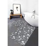 Rem Home Remhome 2'li Set Gri Beyaz Zeminde Yaprak Motifli Floral Desenli Floral Sade & Şık 2'li Banyo Paspas Takımı Takım Banyo Paspası