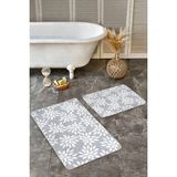 Rem Home Remhome 2'li Set Gri Beyaz Zeminde Yaprak Motifli Klasik Desenli Floral Sade & Şık 2'li Banyo Paspas Takımı Takım Banyo Paspası