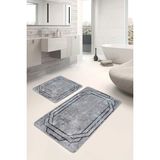 Rem Home Remhome 2'li Set Gri - Siyah Zeminde Çerçeveli Motifli Antik Geometrik Klasik 2'li Banyo Paspas Takımı Takım Banyo Paspası
