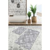 Rem Home Remhome 2'li Set Gri - Siyah Zeminde Çizgili Motifli Eskitme Geometrik Klasik 2'li Banyo Paspas Takımı Takım Banyo Paspası
