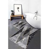 Rem Home Remhome 2'li Set Gri - Siyah Zeminde Mermer Motifli Geometrik Geometrik Klasik 2'li Banyo Paspas Takımı Takım Banyo Paspası
