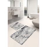 Rem Home Remhome 2'li Set Gri - Siyah Zeminde Rustik Motifli Antika Vintage Sade & Şık 2'li Banyo Paspas Takımı Takım Banyo Paspası - Beyaz - Krem - Bej