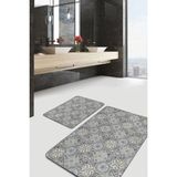 Rem Home Remhome 2'li Set Gri Zeminde Art Deco Motifli Antika Desenli Geometrik Sade & Şık 2'li Banyo Paspas Takımı Takım Banyo Paspası - Kahverengi